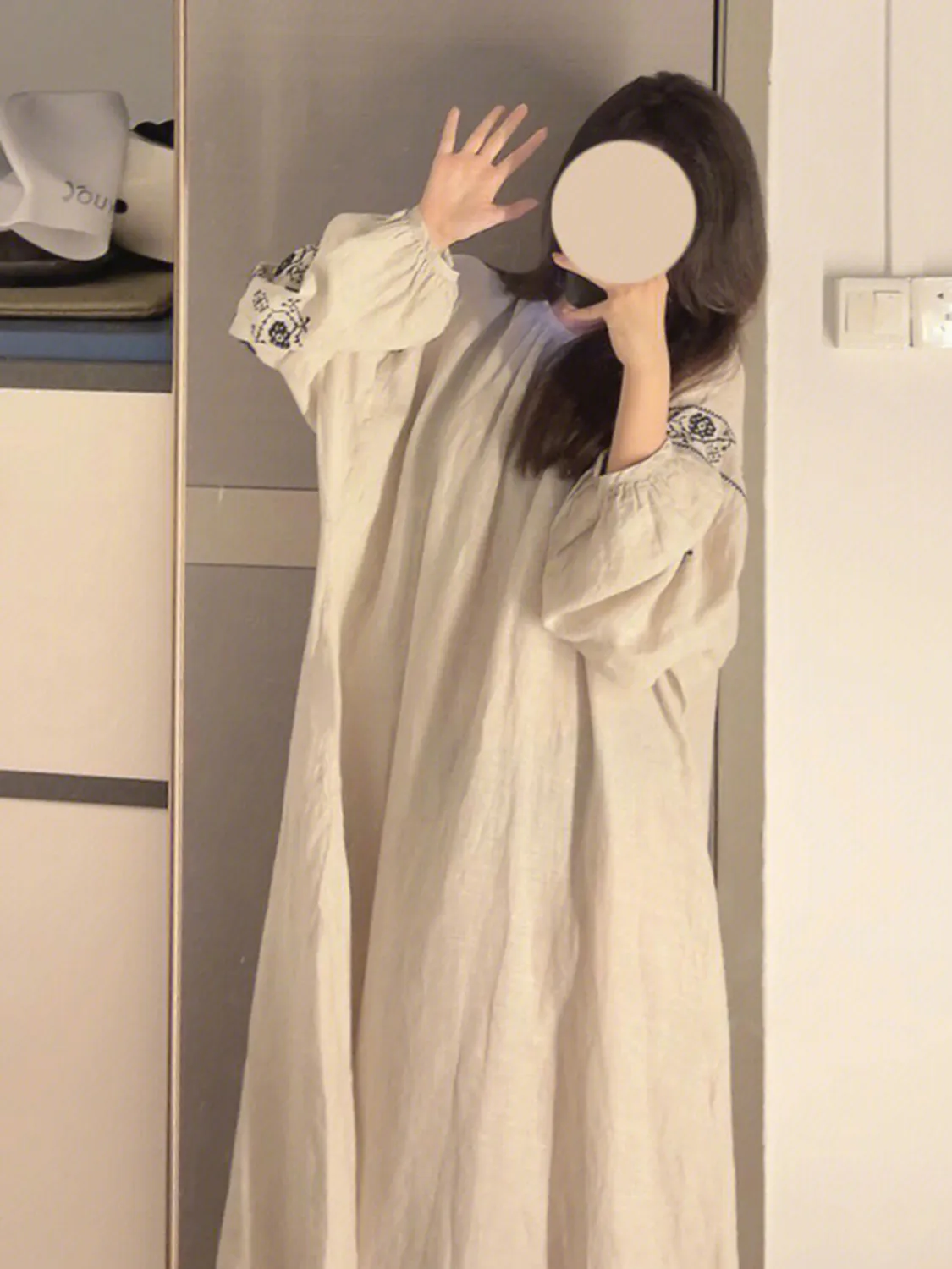 قميص نوم بأكمام طويلة من قطن الفقاعات المجعد للنساء، ربيع خريف شتاء، بيجامة نسائية، فستان طويل، فضفاض، مقاسات كبيرة، يمكن لبسه خارجاً، ملابس منزلية · بيع بالجملة · تصنيع حسب الطلب · شحن عالمي - View 3