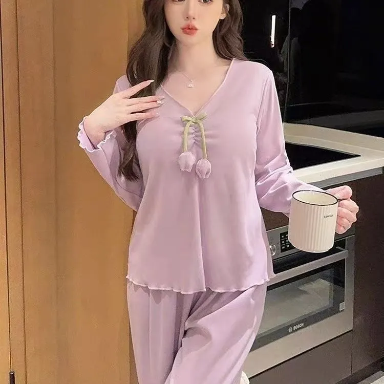 독일 벨벳 파자마 여성 가을 겨울 긴팔 따뜻한 스위트 큐트 한국풍 V넥 홈웨어 세트 · 도매 · OEM · 전 세계 배송