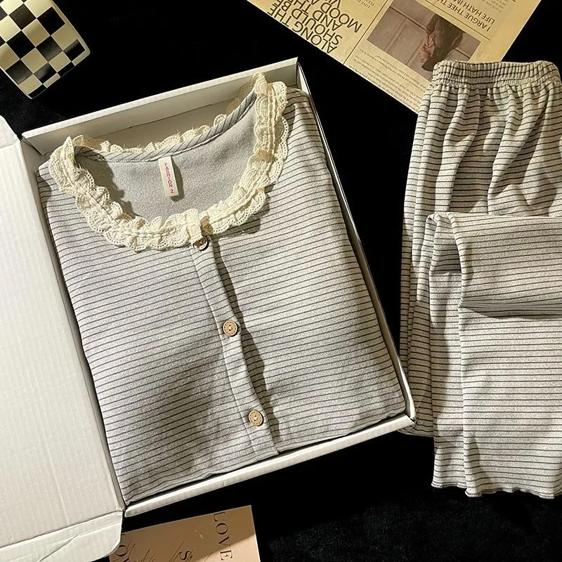 German Velvet Pajamas Women Spring Autumn Winter Sweet Cardigan Long Sleeve Striped Plus Size Loose Homewear Set · Wholesale · OEM · Worldwide Shipping