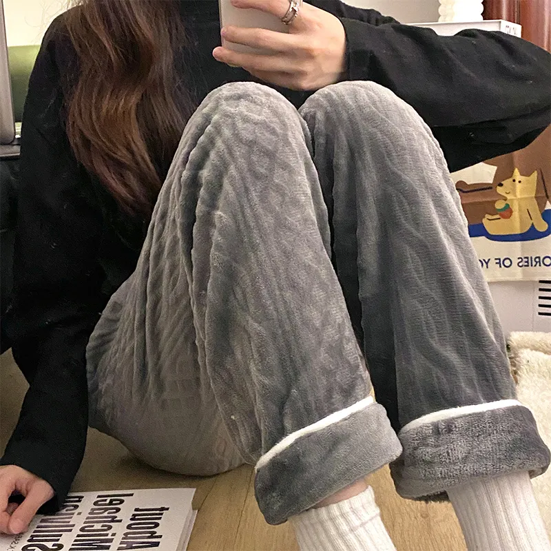Autumn Winter Women's Flannel Thickened Pajama Pants Casual Minimalist Mid-Rise Warm Straight-Leg Pants Wearable Outside Plus Size Loose · Wholesale · OEM · Worldwide Shipping