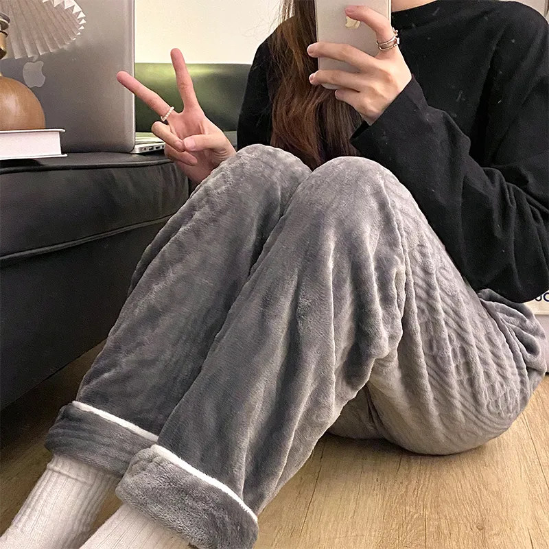 Women's Autumn Winter Flannel Thickened Pajama Pants Casual Minimalist Mid-Rise Warm Straight-Leg Pants Wearable Outside Plus Size Loose · Wholesale · OEM · Worldwide Shipping