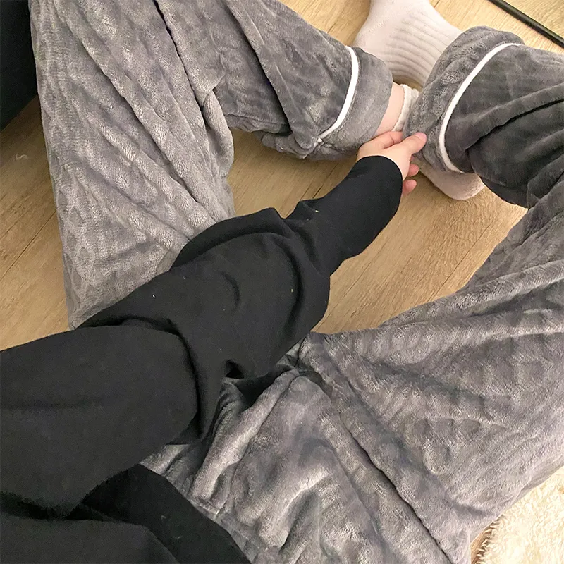 가을겨울 여성용 플란넬 두꺼운 잠옷 바지 캐주얼 심플 미들웨이스트 보온 스트레이트 팬츠 외출 가능 빅사이즈 루즈핏 · 도매 · OEM · 전 세계 배송 - View 4