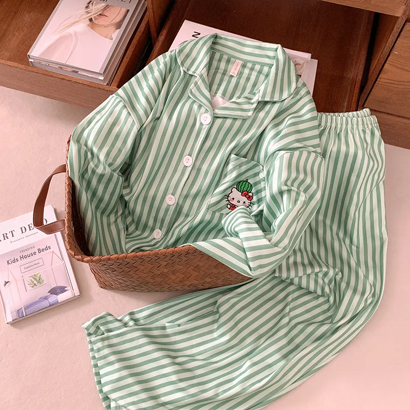 Korean-style green striped Kitty thermal pajamas for women autumn/winter cardigan casual dorm wear can be worn outside home · Wholesale · OEM · Worldwide Shipping - View 4