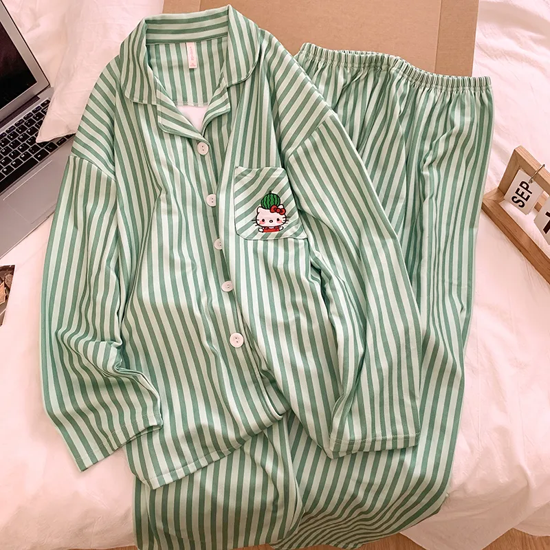 Korean-style green striped Kitty thermal pajamas for women autumn/winter cardigan casual dorm wear can be worn outside home · Wholesale · OEM · Worldwide Shipping - View 2