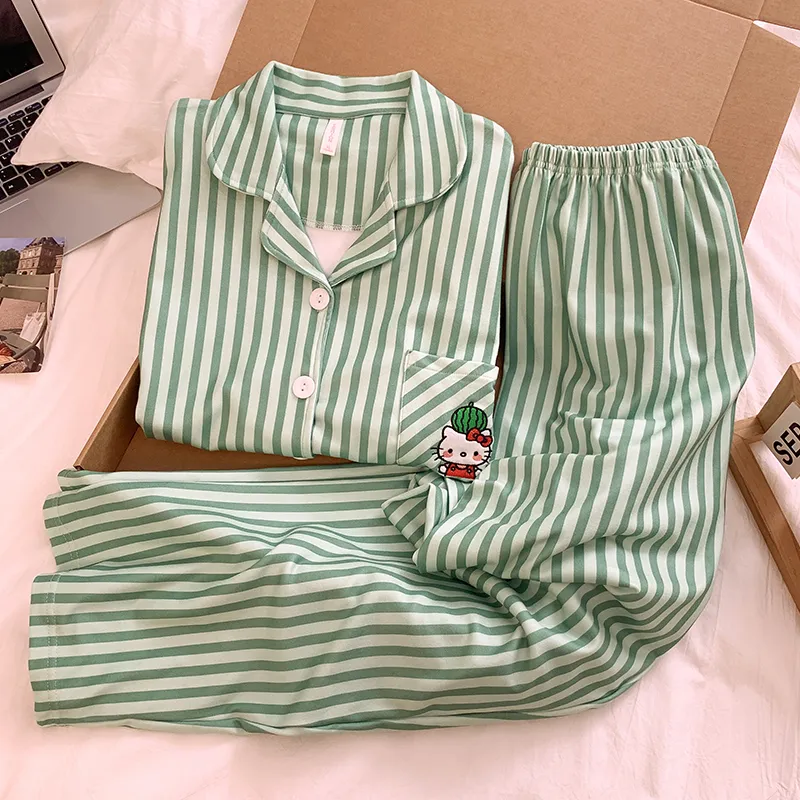 Korean-style green striped Kitty thermal pajamas for women autumn/winter cardigan casual dorm wear can be worn outside home · Wholesale · OEM · Worldwide Shipping - Detail 6