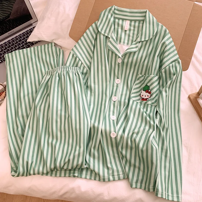 Korean-style green striped Kitty thermal pajamas for women autumn/winter cardigan casual dorm wear can be worn outside home · Wholesale · OEM · Worldwide Shipping - View 1