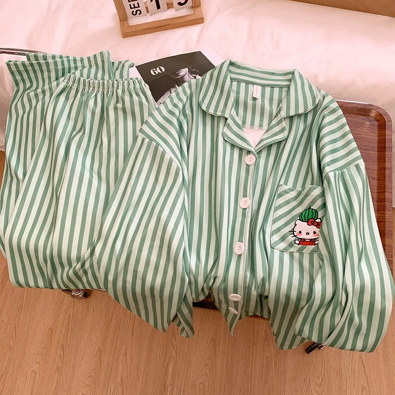 Korean-style green striped Kitty thermal pajamas for women autumn/winter cardigan casual dorm wear can be worn outside home · Wholesale · OEM · Worldwide Shipping - View 3