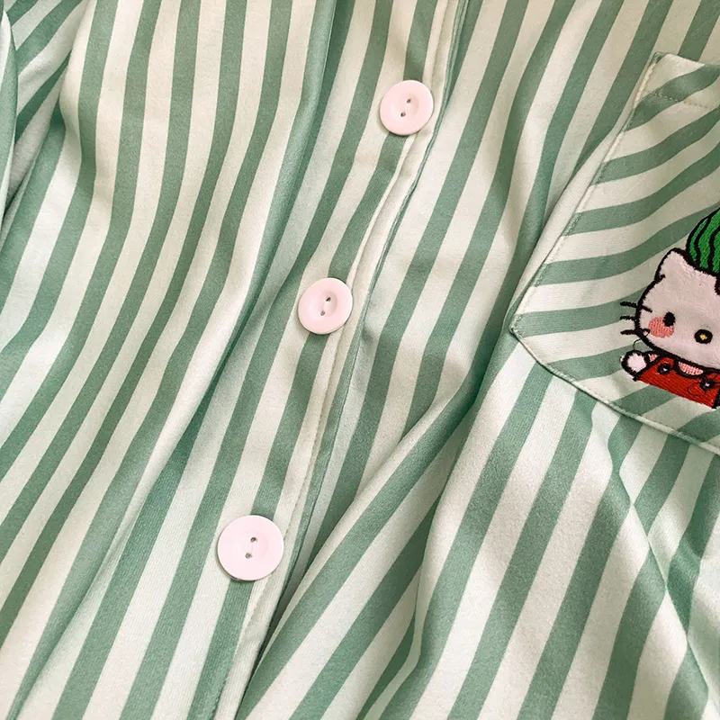 Korean-style green striped Kitty thermal pajamas for women autumn/winter cardigan casual dorm wear can be worn outside home · Wholesale · OEM · Worldwide Shipping - Detail 5
