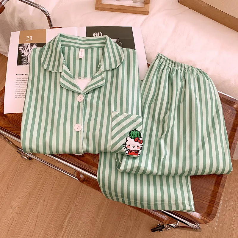 Korean-style green striped Kitty thermal pajamas for women autumn/winter cardigan casual dorm wear can be worn outside home · Wholesale · OEM · Worldwide Shipping
