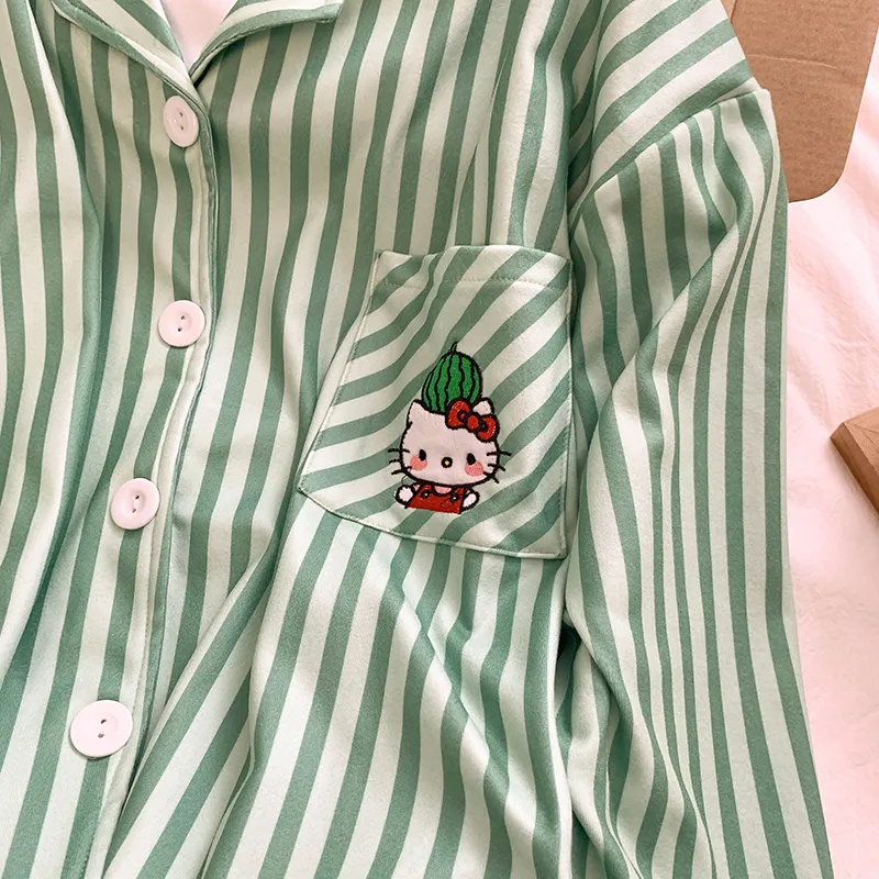 Korean-style green striped Kitty thermal pajamas for women autumn/winter cardigan casual dorm wear can be worn outside home · Wholesale · OEM · Worldwide Shipping - Detail 4