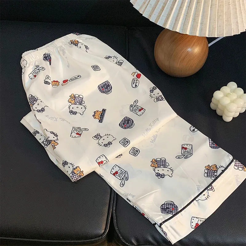 夏 レディース アイススノーシルク 長ズボン カートゥーンプリント ミッドウエスト 薄手 部屋着パンツ 外着可能 散歩 ストレート 涼感パンツ · 卸売 · OEM · 世界へ発送