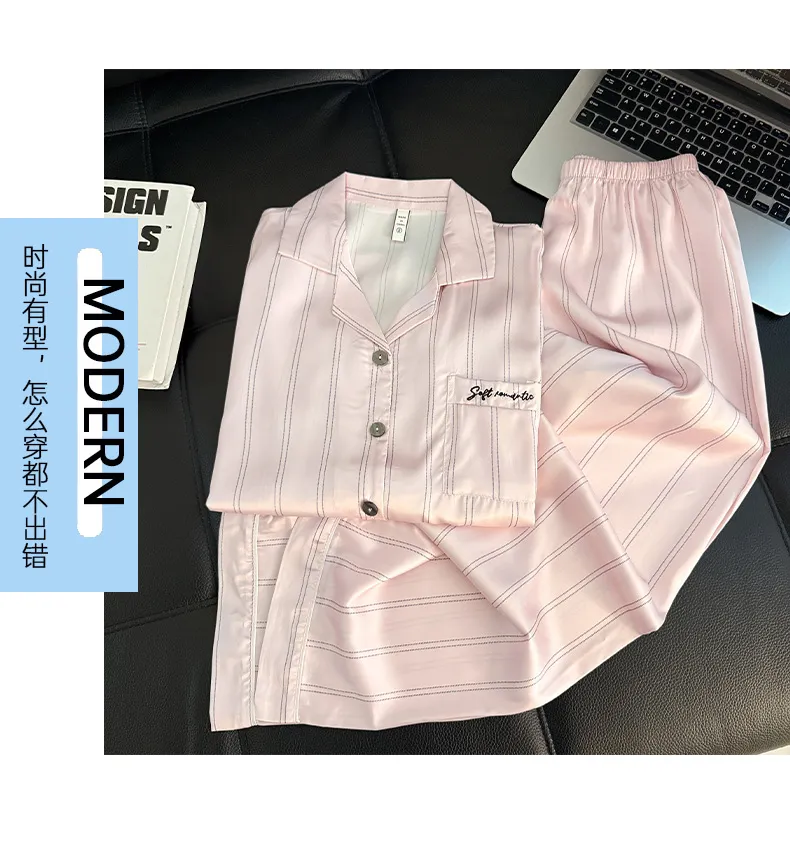 Couple Long Sleeve Long Pants Ice Silk Pajamas Spring Autumn New Casual Simple Wearable Outside Thin Two-Piece Set Loungewear · Wholesale · OEM · Worldwide Shipping - Detail 9