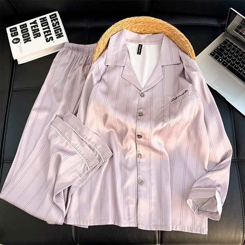 Couple Long Sleeve Long Pants Ice Silk Pajamas Spring Autumn New Casual Simple Wearable Outside Thin Two-Piece Set Loungewear · Wholesale · OEM · Worldwide Shipping - View 4
