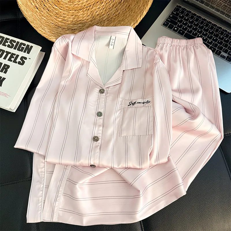 Couple Long Sleeve Long Pants Ice Silk Pajamas Spring Autumn New Casual Simple Wearable Outside Thin Two-Piece Set Loungewear · Wholesale · OEM · Worldwide Shipping - View 1