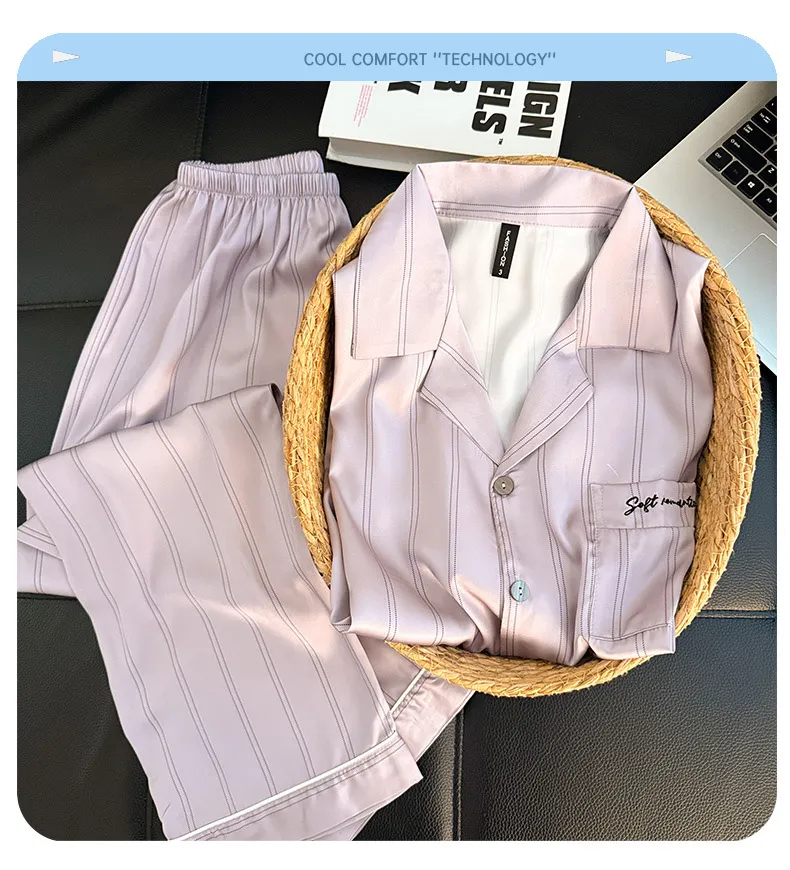 Couple Long Sleeve Long Pants Ice Silk Pajamas Spring Autumn New Casual Simple Wearable Outside Thin Two-Piece Set Loungewear · Wholesale · OEM · Worldwide Shipping - Detail 17