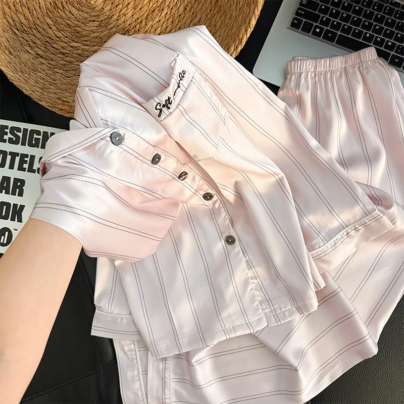 Couple Long Sleeve Long Pants Ice Silk Pajamas Spring Autumn New Casual Simple Wearable Outside Thin Two-Piece Set Loungewear · Wholesale · OEM · Worldwide Shipping - View 2