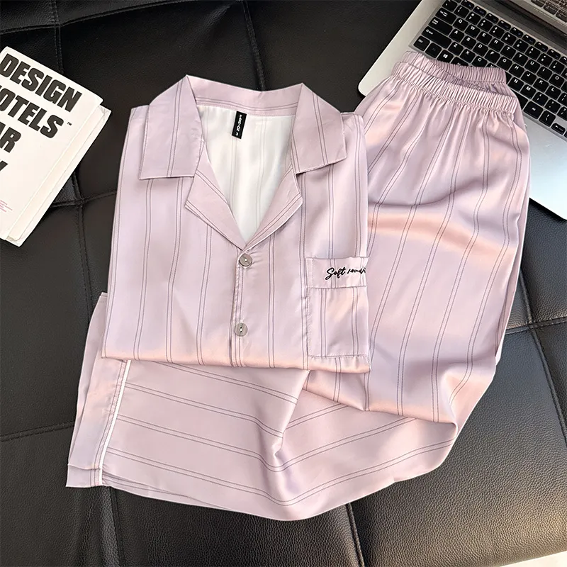 Couple Long Sleeve Long Pants Ice Silk Pajamas Spring Autumn New Casual Simple Wearable Outside Thin Two-Piece Set Loungewear · Wholesale · OEM · Worldwide Shipping - View 3