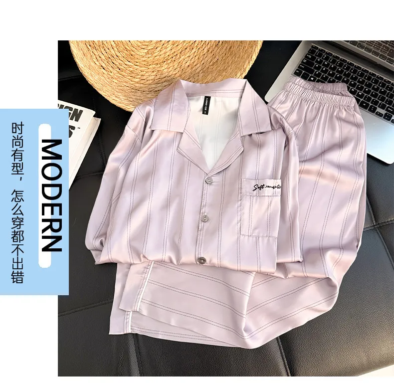 Couple Long Sleeve Long Pants Ice Silk Pajamas Spring Autumn New Casual Simple Wearable Outside Thin Two-Piece Set Loungewear · Wholesale · OEM · Worldwide Shipping - Detail 18