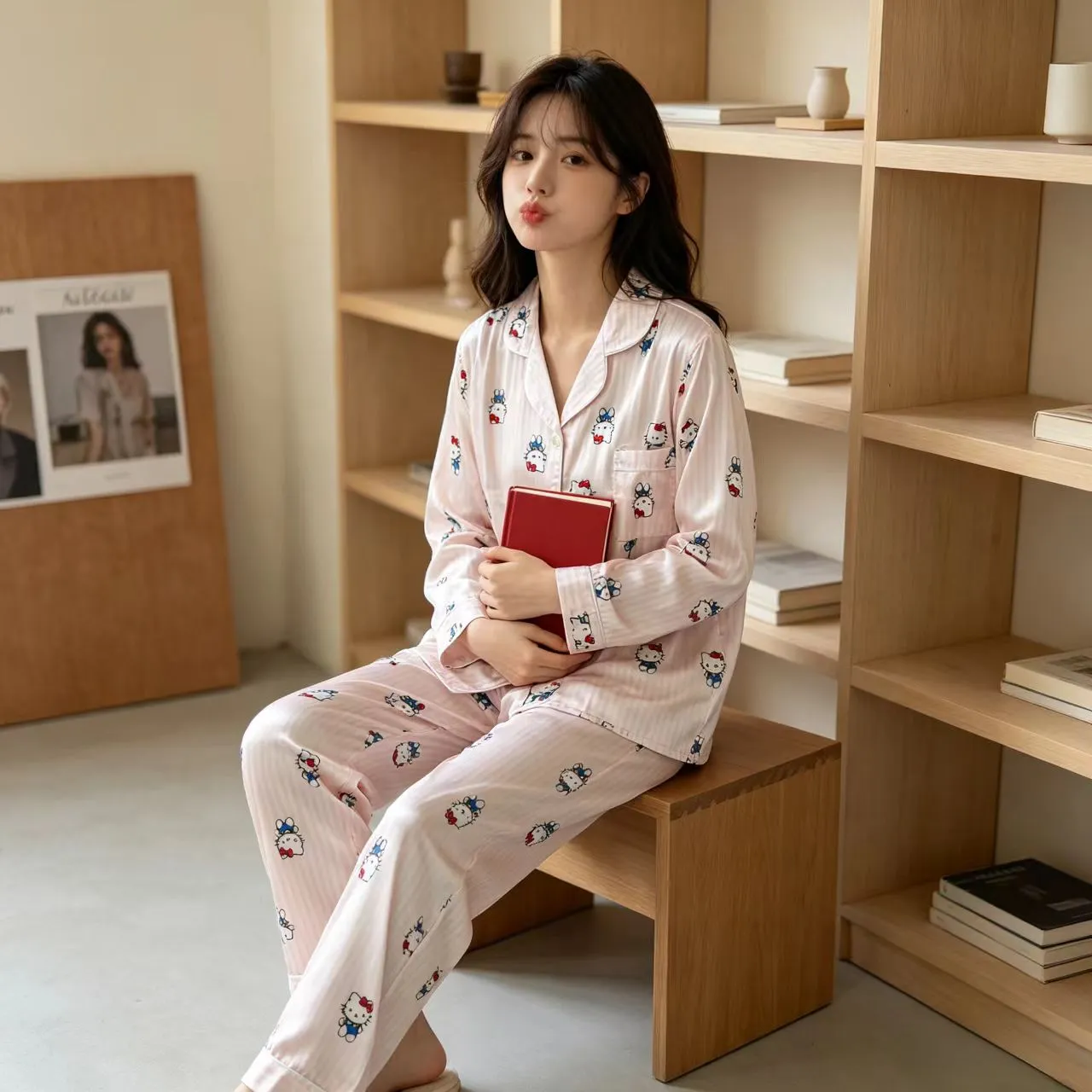 봄가을 신상 아이스 스노우 실크 파자마 카툰 프린트 긴팔 긴바지 2종 세트 외출 가능 여성 얇은 홈웨어 · 도매 · OEM · 전 세계 배송 - View 3