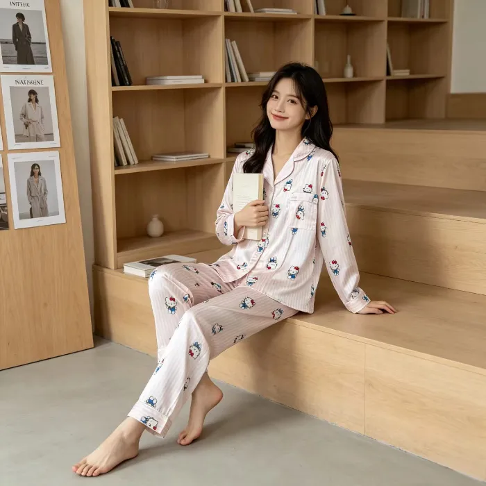 봄가을 신상 아이스 스노우 실크 파자마 카툰 프린트 긴팔 긴바지 2종 세트 외출 가능 여성 얇은 홈웨어 · 도매 · OEM · 전 세계 배송 - Detail 1