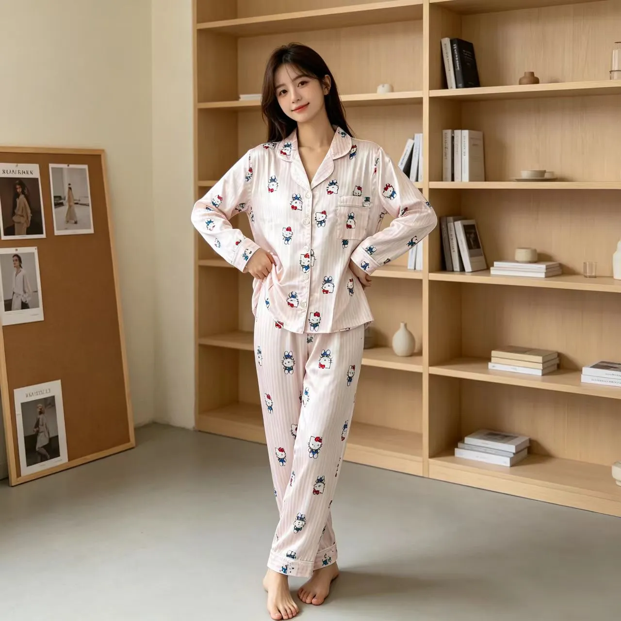 봄가을 신상 아이스 스노우 실크 파자마 카툰 프린트 긴팔 긴바지 2종 세트 외출 가능 여성 얇은 홈웨어 · 도매 · OEM · 전 세계 배송 - Detail 3