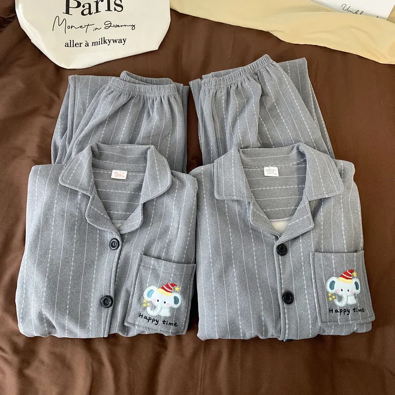 Korean Style Cashmere Striped Couple Pajamas Women's Autumn Winter Long Sleeve Thick Wearable Outside Men's Set Premium Feel · Wholesale · OEM · Worldwide Shipping - View 2
