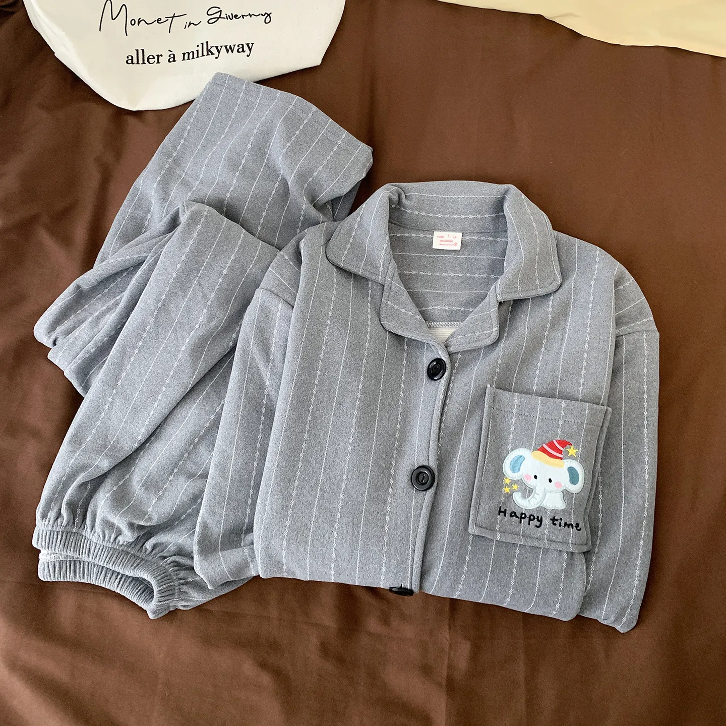 Korean Style Cashmere Striped Couple Pajamas Women's Autumn Winter Long Sleeve Thick Wearable Outside Men's Set Premium Feel · Wholesale · OEM · Worldwide Shipping - Detail 14