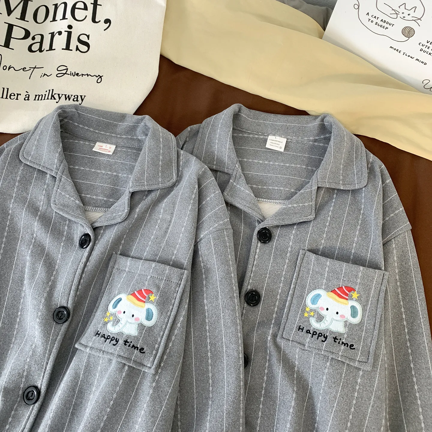 Korean Style Cashmere Striped Couple Pajamas Women's Autumn Winter Long Sleeve Thick Wearable Outside Men's Set Premium Feel · Wholesale · OEM · Worldwide Shipping - Detail 4