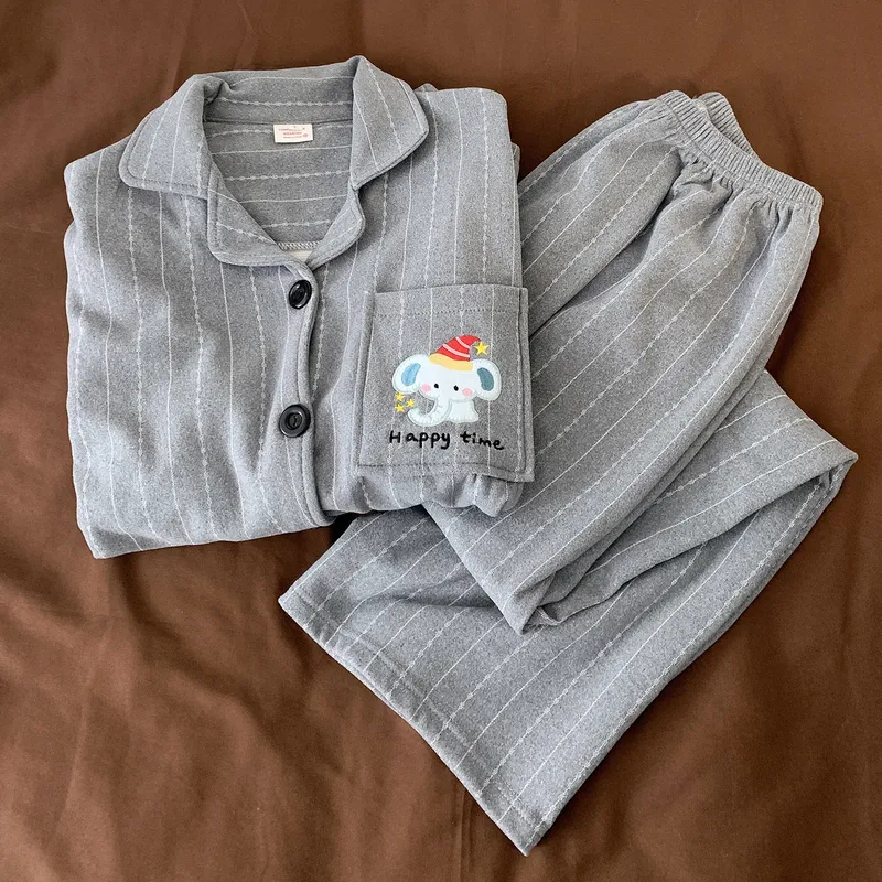 Korean Style Cashmere Striped Couple Pajamas Women's Autumn Winter Long Sleeve Thick Wearable Outside Men's Set Premium Feel · Wholesale · OEM · Worldwide Shipping - View 4
