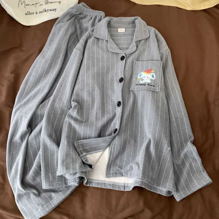 Korean Style Cashmere Striped Couple Pajamas Women's Autumn Winter Long Sleeve Thick Wearable Outside Men's Set Premium Feel · Wholesale · OEM · Worldwide Shipping - Detail 1