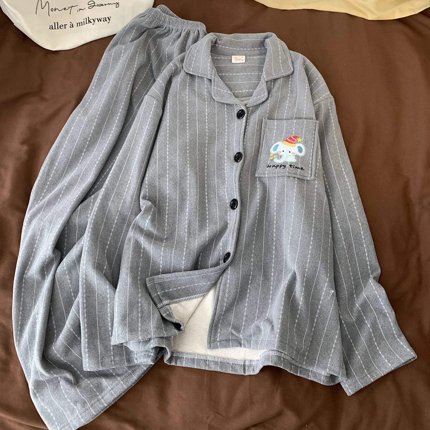 Korean Style Cashmere Striped Couple Pajamas Women's Autumn Winter Long Sleeve Thick Wearable Outside Men's Set Premium Feel · Wholesale · OEM · Worldwide Shipping - Detail 8