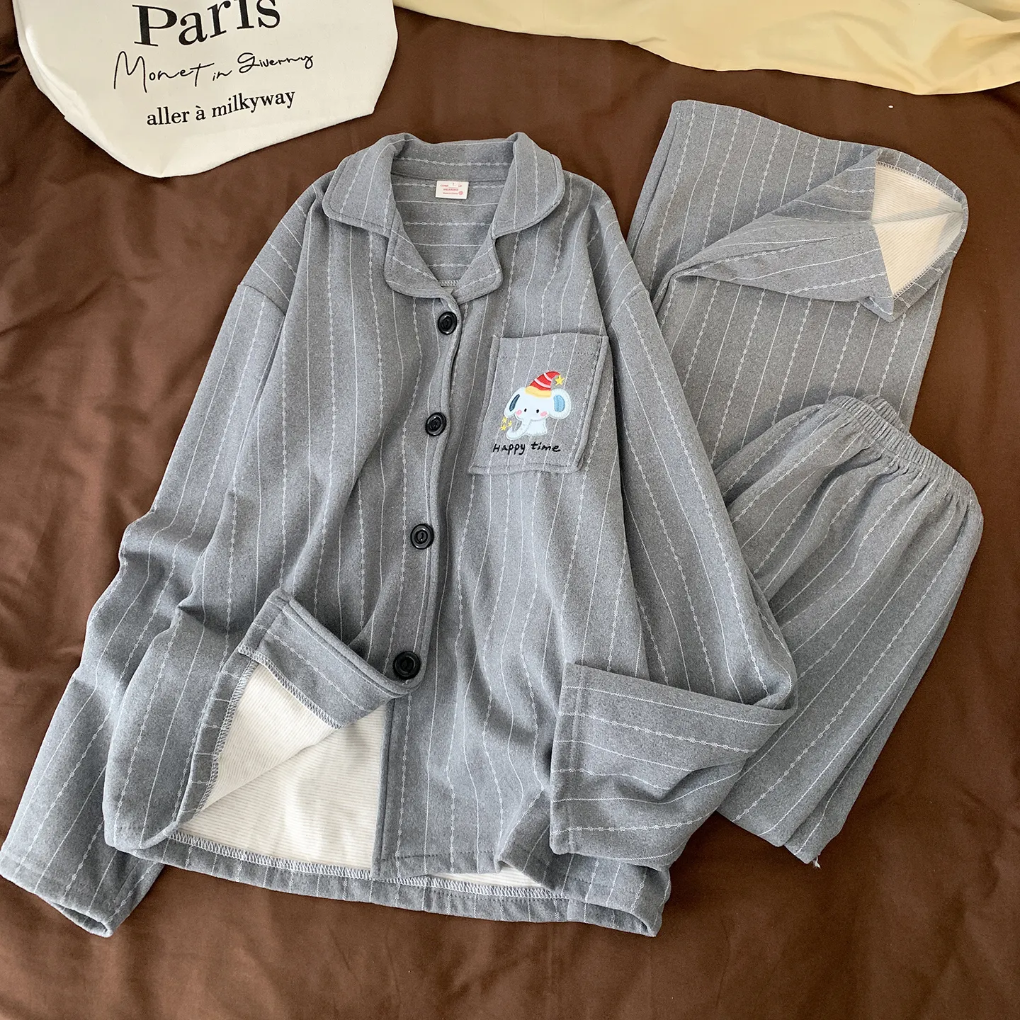 Korean Style Cashmere Striped Couple Pajamas Women's Autumn Winter Long Sleeve Thick Wearable Outside Men's Set Premium Feel · Wholesale · OEM · Worldwide Shipping - Detail 13
