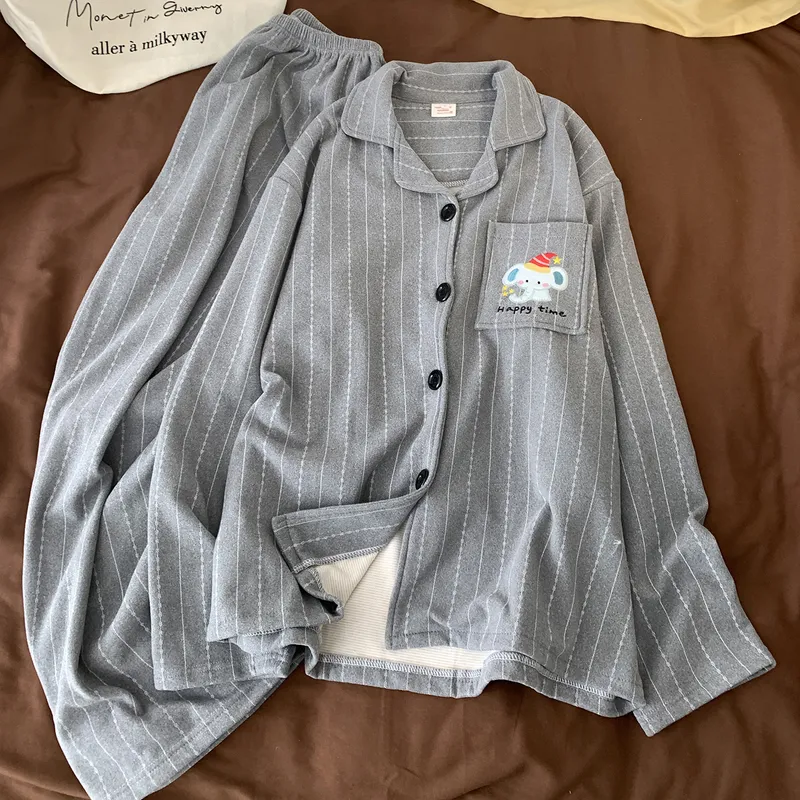 Korean Style Cashmere Striped Couple Pajamas Women's Autumn Winter Long Sleeve Thick Wearable Outside Men's Set Premium Feel · Wholesale · OEM · Worldwide Shipping - View 3