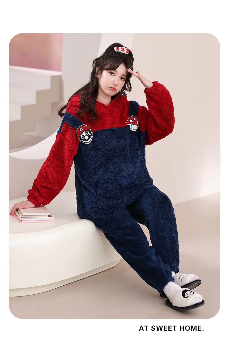 Couple Pajamas Flannel Long Sleeve Long Pants Winter Cartoon Embroidery Hooded Loungewear Warm Fleece-Lined Two-Piece Set · Wholesale · OEM · Worldwide Shipping - Detail 9