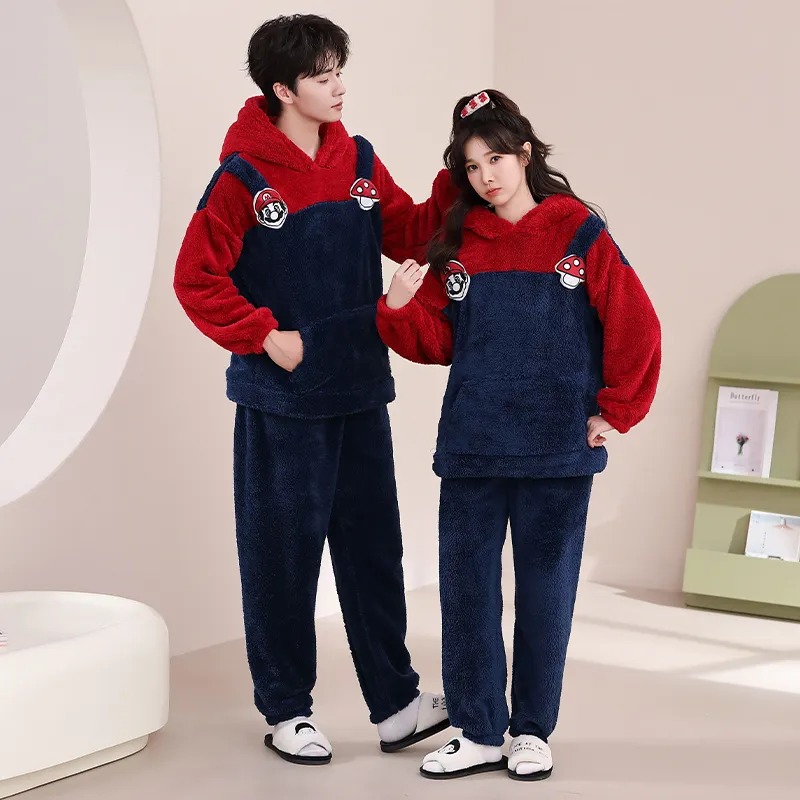 Couple Pajamas Flannel Long Sleeve Long Pants Winter Cartoon Embroidery Hooded Loungewear Warm Fleece-Lined Two-Piece Set · Wholesale · OEM · Worldwide Shipping - View 1