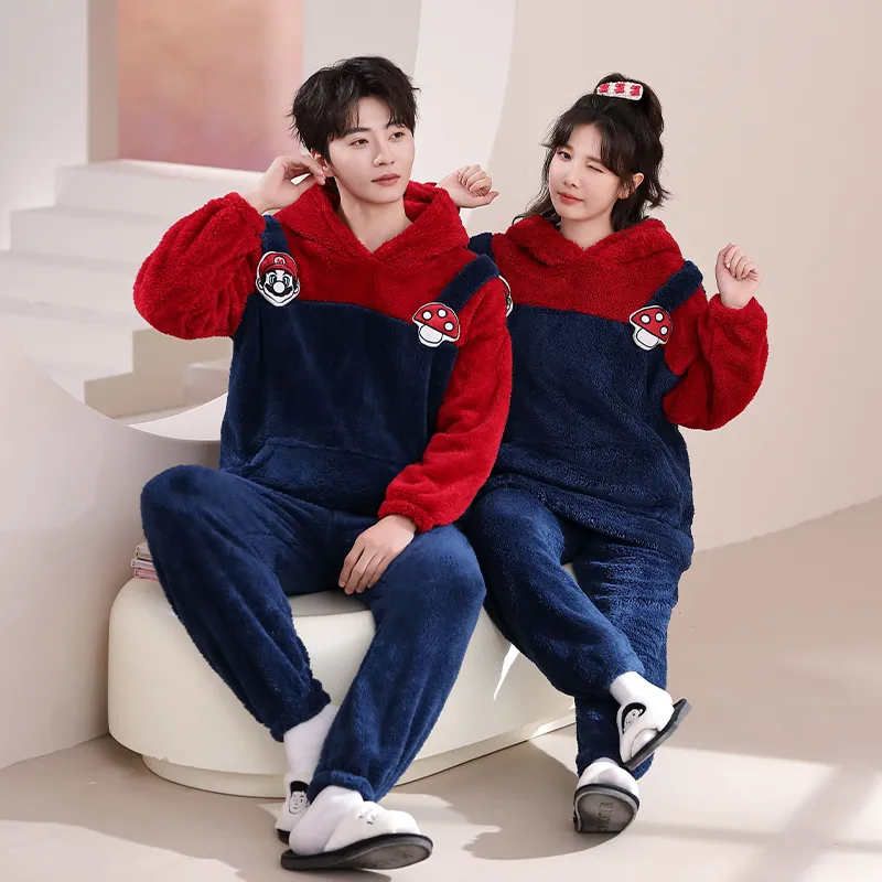 Couple Pajamas Flannel Long Sleeve Long Pants Winter Cartoon Embroidery Hooded Loungewear Warm Fleece-Lined Two-Piece Set · Wholesale · OEM · Worldwide Shipping