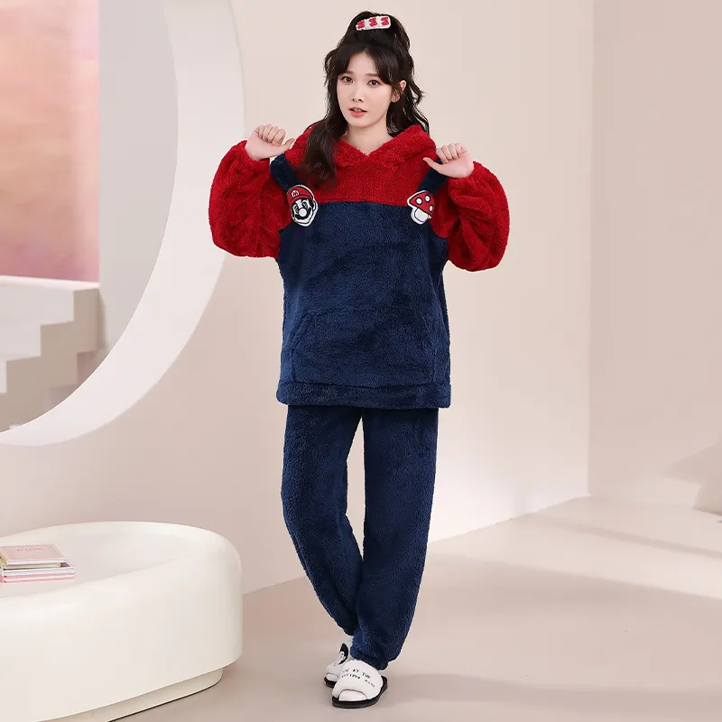 Couple Pajamas Flannel Long Sleeve Long Pants Winter Cartoon Embroidery Hooded Loungewear Warm Fleece-Lined Two-Piece Set · Wholesale · OEM · Worldwide Shipping - View 3