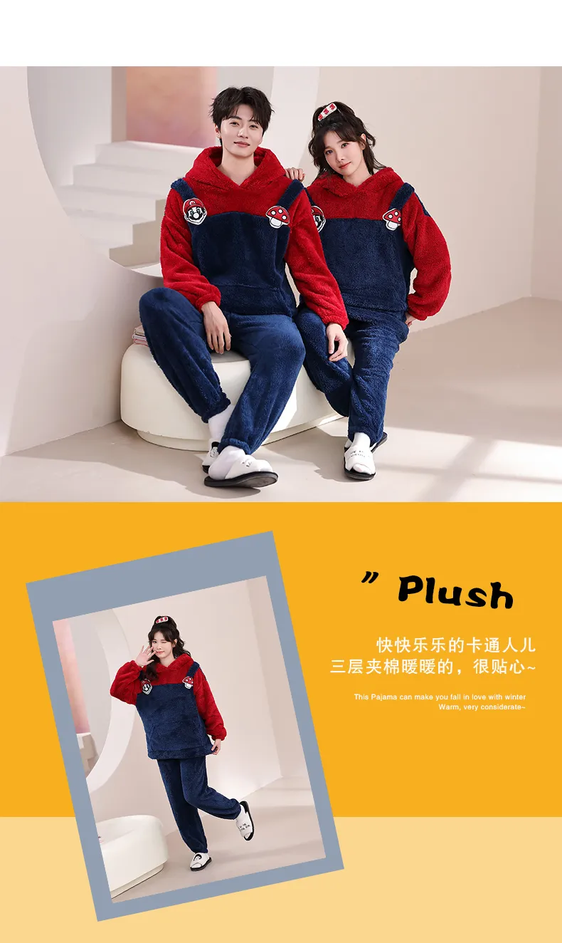 Couple Pajamas Flannel Long Sleeve Long Pants Winter Cartoon Embroidery Hooded Loungewear Warm Fleece-Lined Two-Piece Set · Wholesale · OEM · Worldwide Shipping - Detail 11