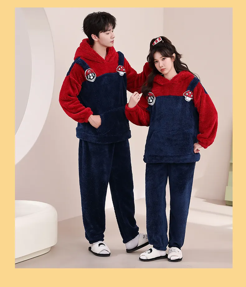 Couple Pajamas Flannel Long Sleeve Long Pants Winter Cartoon Embroidery Hooded Loungewear Warm Fleece-Lined Two-Piece Set · Wholesale · OEM · Worldwide Shipping - Detail 12