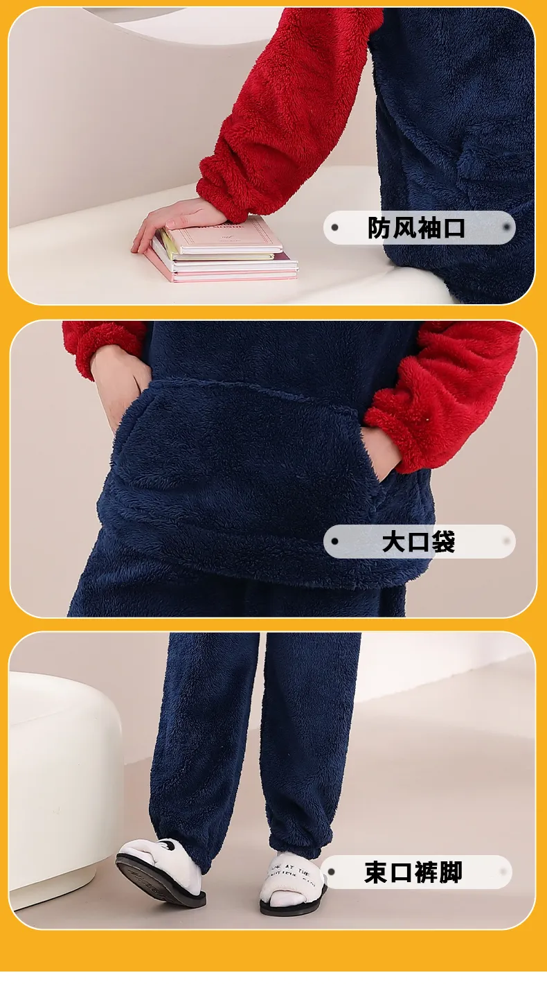 Couple Pajamas Flannel Long Sleeve Long Pants Winter Cartoon Embroidery Hooded Loungewear Warm Fleece-Lined Two-Piece Set · Wholesale · OEM · Worldwide Shipping - Detail 6