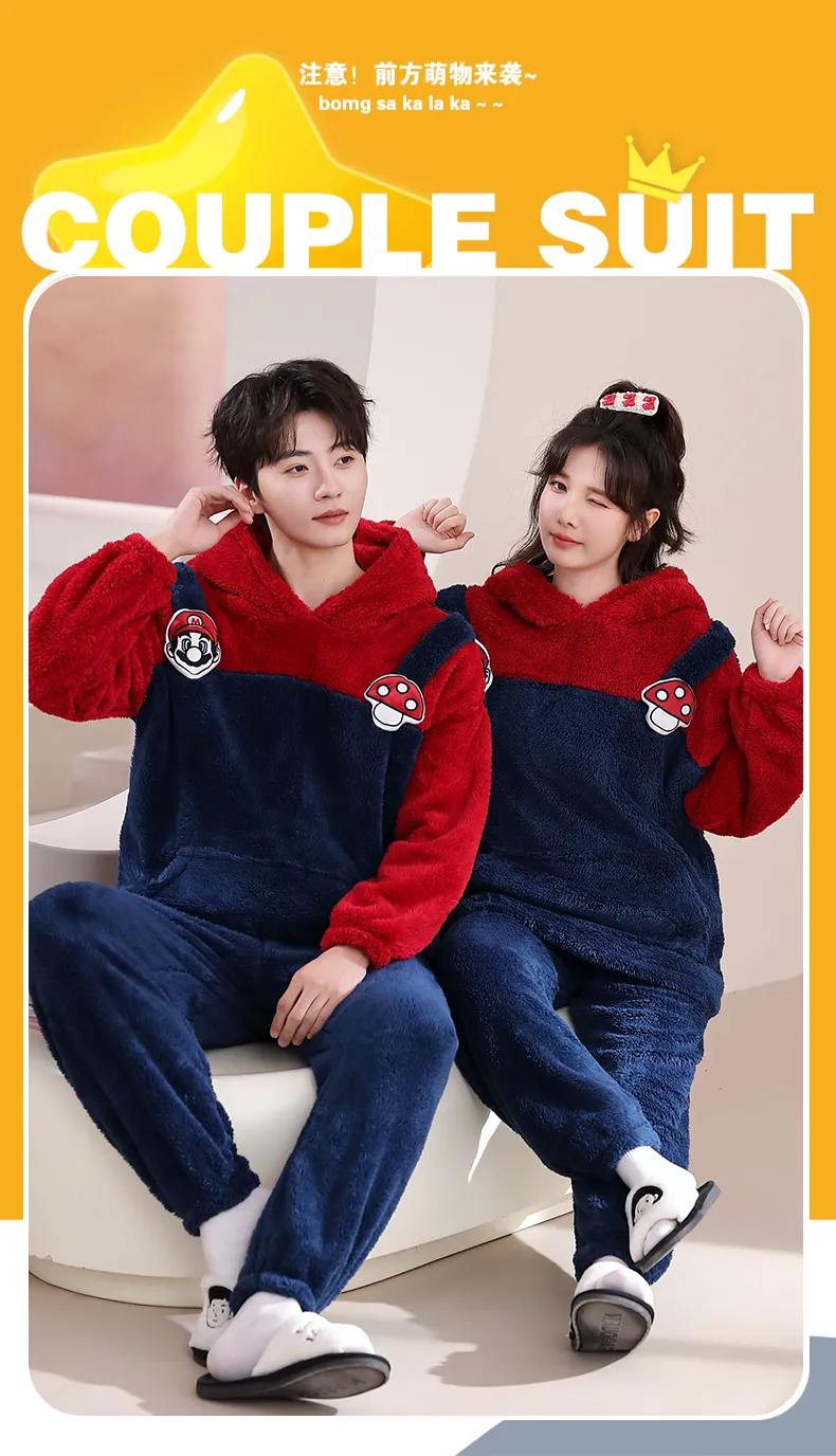 Couple Pajamas Flannel Long Sleeve Long Pants Winter Cartoon Embroidery Hooded Loungewear Warm Fleece-Lined Two-Piece Set · Wholesale · OEM · Worldwide Shipping - Detail 1