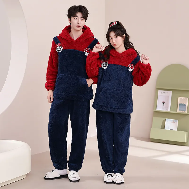 Couple Pajamas Flannel Long Sleeve Long Pants Winter Cartoon Embroidery Hooded Loungewear Warm Fleece-Lined Two-Piece Set · Wholesale · OEM · Worldwide Shipping - View 2