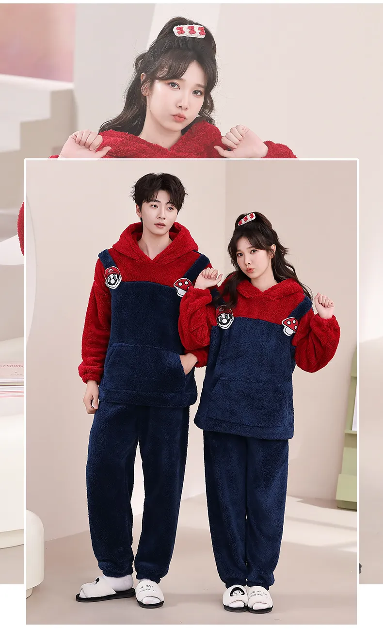 Couple Pajamas Flannel Long Sleeve Long Pants Winter Cartoon Embroidery Hooded Loungewear Warm Fleece-Lined Two-Piece Set · Wholesale · OEM · Worldwide Shipping - Detail 10