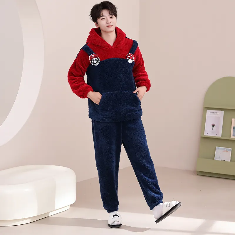 Couple Pajamas Flannel Long Sleeve Long Pants Winter Cartoon Embroidery Hooded Loungewear Warm Fleece-Lined Two-Piece Set · Wholesale · OEM · Worldwide Shipping - View 4