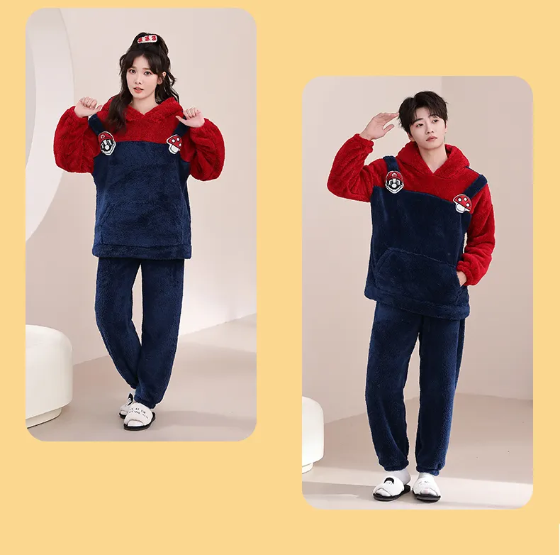 Couple Pajamas Flannel Long Sleeve Long Pants Winter Cartoon Embroidery Hooded Loungewear Warm Fleece-Lined Two-Piece Set · Wholesale · OEM · Worldwide Shipping - Detail 4