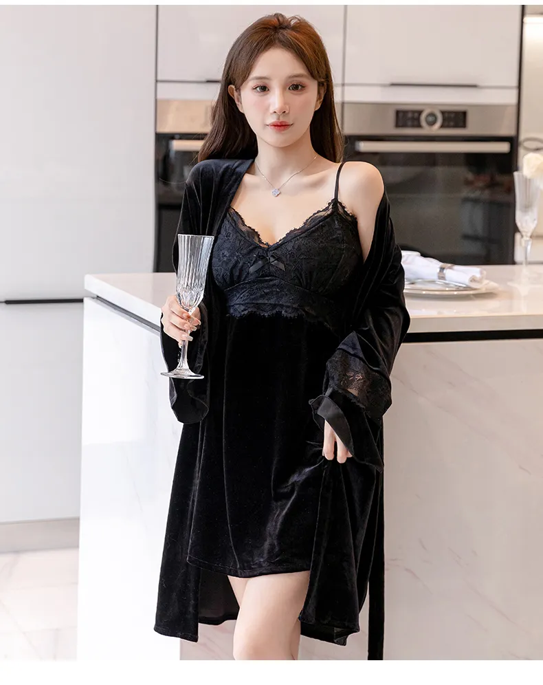 ベロアパジャマ レディース 2点セット ネグリジェ カップ付き セクシー 透かし 長袖 ナイトガウン · 卸売 · OEM · 世界へ発送 - Detail 18