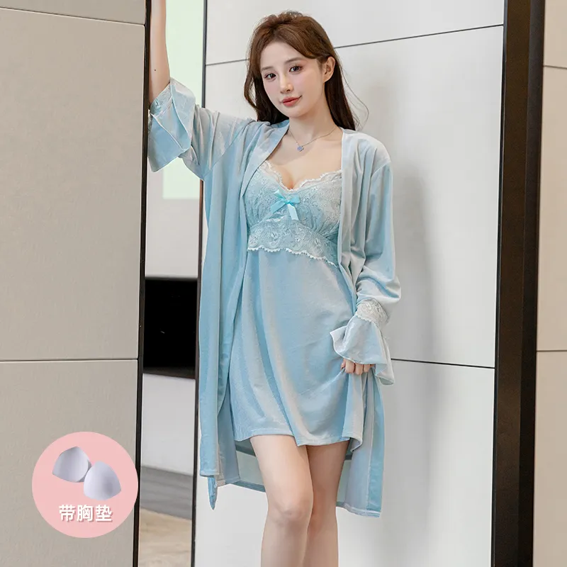 ベロアパジャマ レディース 2点セット ネグリジェ カップ付き セクシー 透かし 長袖 ナイトガウン · 卸売 · OEM · 世界へ発送 - View 1