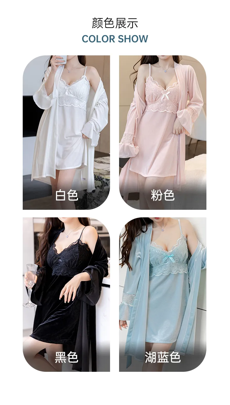 ベロアパジャマ レディース 2点セット ネグリジェ カップ付き セクシー 透かし 長袖 ナイトガウン · 卸売 · OEM · 世界へ発送 - Detail 3