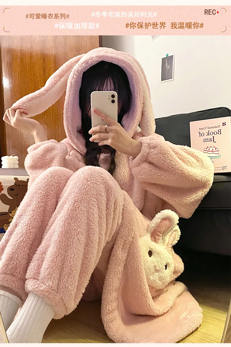 冬パジャマ レディース ロングプラッシュ 厚手 ローブセット カートゥーン スイート フード付き 暖かい ゆったり ロングローブ 長ズボン ルームウェア · 卸売 · OEM · 世界へ発送 - Detail 9