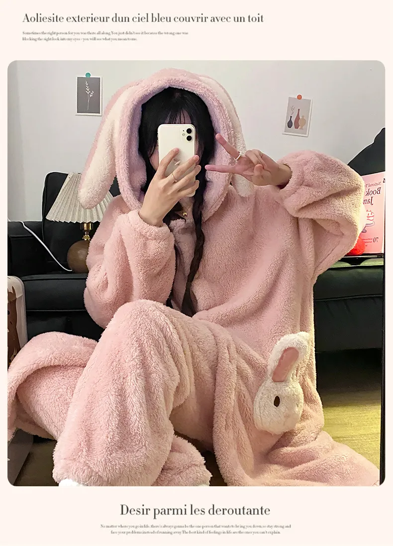 冬パジャマ レディース ロングプラッシュ 厚手 ローブセット カートゥーン スイート フード付き 暖かい ゆったり ロングローブ 長ズボン ルームウェア · 卸売 · OEM · 世界へ発送 - Detail 10